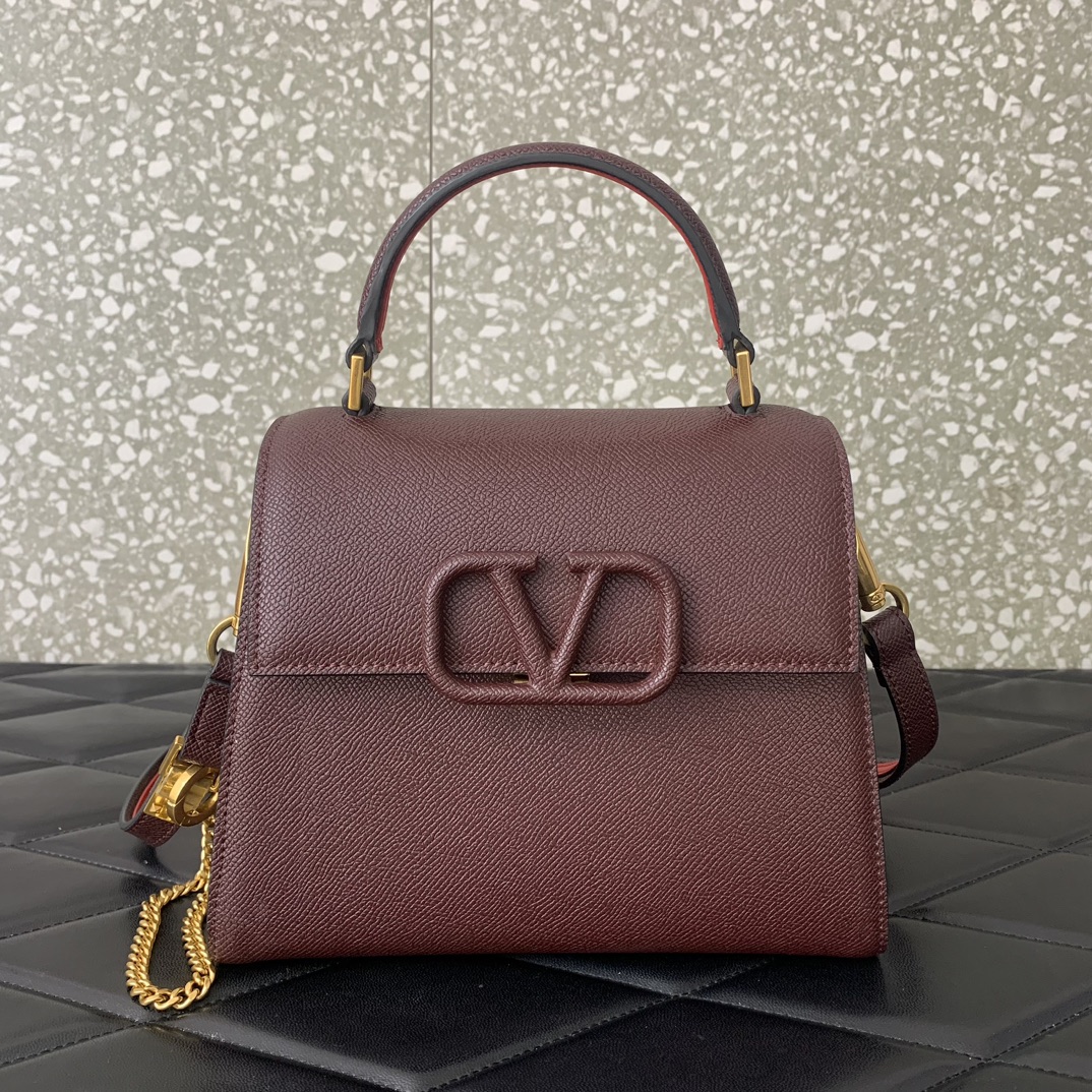 Valentino Garavani Vsling Small Handbag in Burgundy Grainy Calfskin